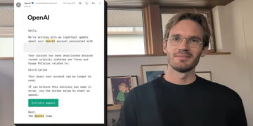 ایمیل غیرفعالسازی حساب کاربری OpenAI به دلیل نقض قوانین، در کنار تصویر PewDiePie که عینک به چشم دارد