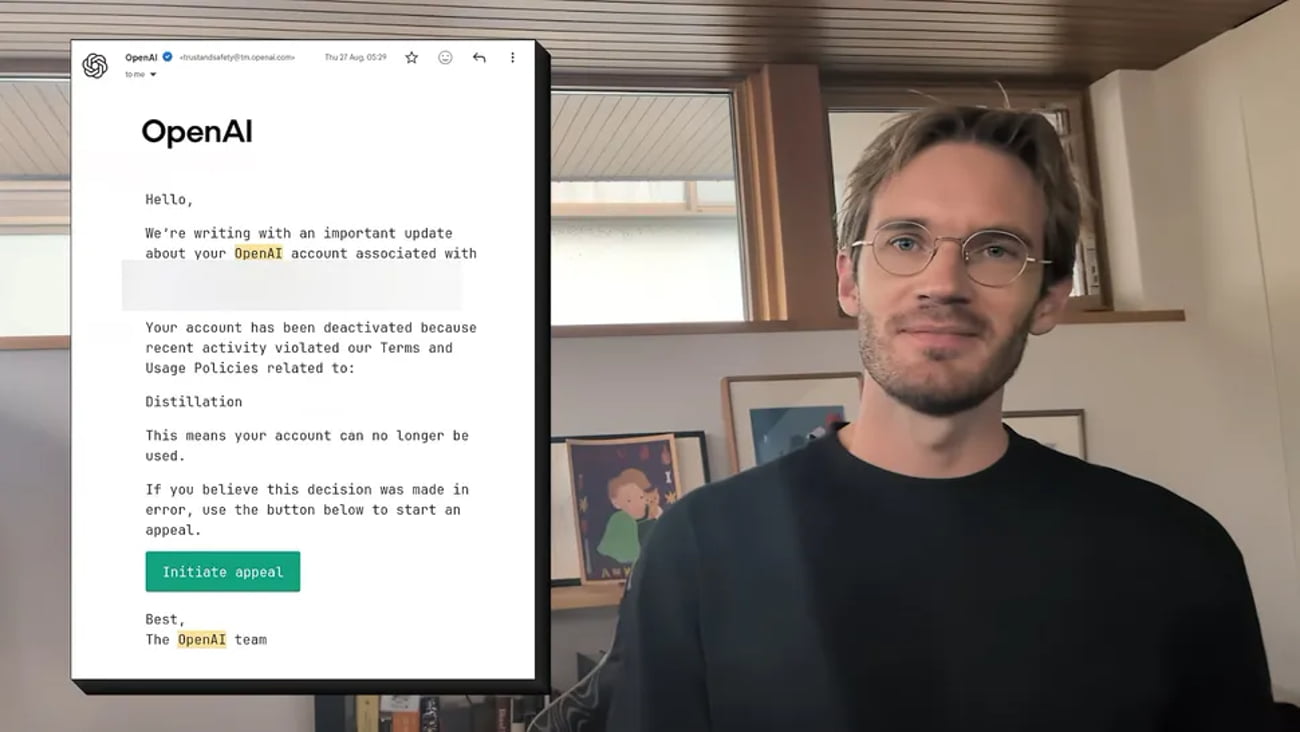 ایمیل غیرفعالسازی حساب کاربری OpenAI به دلیل نقض قوانین، در کنار تصویر PewDiePie که عینک به چشم دارد