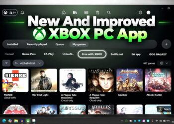 صفحه‌ی My games اپلیکیشن Xbox PC با گرافیگ تبلیغاتی New And Improved Xbox PC App؛ در ردیف فیلترها، زبانه‌ی Free with XBOX با حاشیه‌ی روشن انتخاب شده و ۶۶۷ بازی به صورت حروف الفبا مرتب شده‌اند؛ کاور بازی‌هایی مانند #IDARB، 007 First Light، A Plague Tale: Innocence و Requiem، Abathor و Abiotic Factor قابل مشاهده است.