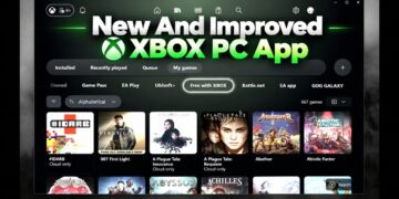 صفحه‌ی My games اپلیکیشن Xbox PC با گرافیگ تبلیغاتی New And Improved Xbox PC App؛ در ردیف فیلترها، زبانه‌ی Free with XBOX با حاشیه‌ی روشن انتخاب شده و ۶۶۷ بازی به صورت حروف الفبا مرتب شده‌اند؛ کاور بازی‌هایی مانند #IDARB، 007 First Light، A Plague Tale: Innocence و Requiem، Abathor و Abiotic Factor قابل مشاهده است.