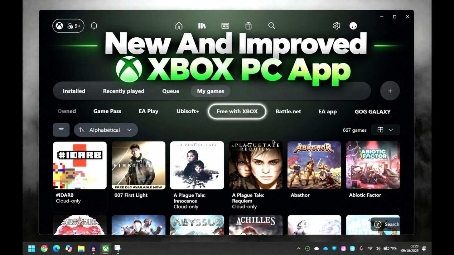 صفحهی My games اپلیکیشن Xbox PC با گرافیگ تبلیغاتی New And Improved Xbox PC App؛ در ردیف فیلترها، زبانهی Free with XBOX با حاشیهی روشن انتخاب شده و ۶۶۷ بازی به صورت حروف الفبا مرتب شدهاند؛ کاور بازیهایی مانند #IDARB، 007 First Light، A Plague Tale: Innocence و Requiem، Abathor و Abiotic Factor قابل مشاهده است.