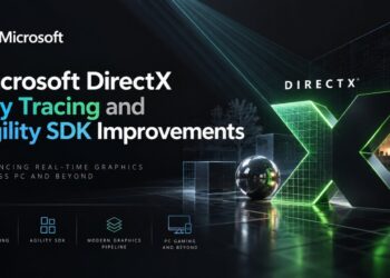 گرافیک تبلیغاتی برای مایکروسافت DirectX که متن «Microsoft DirectX Ray Tracing and Agility SDK Improvements» را در کنار یک حرف «X» بزرگ و نورانی سبز‌رنگ نمایش می‌دهد؛ در پایین این تصویر نیز آیکون‌هایی برای «Ray Tracing»، «Agility SDK»، «Modern Graphics Pipeline» و «PC Gaming» دیده می‌شود