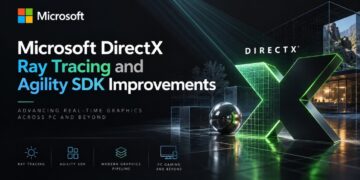گرافیک تبلیغاتی برای مایکروسافت DirectX که متن «Microsoft DirectX Ray Tracing and Agility SDK Improvements» را در کنار یک حرف «X» بزرگ و نورانی سبزرنگ نمایش میدهد؛ در پایین این تصویر نیز آیکونهایی برای «Ray Tracing»، «Agility SDK»، «Modern Graphics Pipeline» و «PC Gaming» دیده میشود