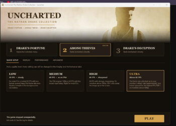 منوی راه‌اندازی بازی‌های Uncharted روی کامپیوتر با گزینه‌های تنظیم کیفیت گرافیکی از حالت Low تا Ultra و دکمه‌ی اجرای بازی.