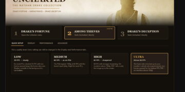 منوی راهاندازی بازیهای Uncharted روی کامپیوتر با گزینههای تنظیم کیفیت گرافیکی از حالت Low تا Ultra و دکمهی اجرای بازی.