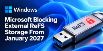تصویر گرافیکی Windows با یک حافظه‌ی USB قفل‌شده و این پیام که Microsoft از ژانویه‌ی ۲۰۲۷ استفاده از ReFS را روی حافظه‌های خارجی مسدود می‌کند.