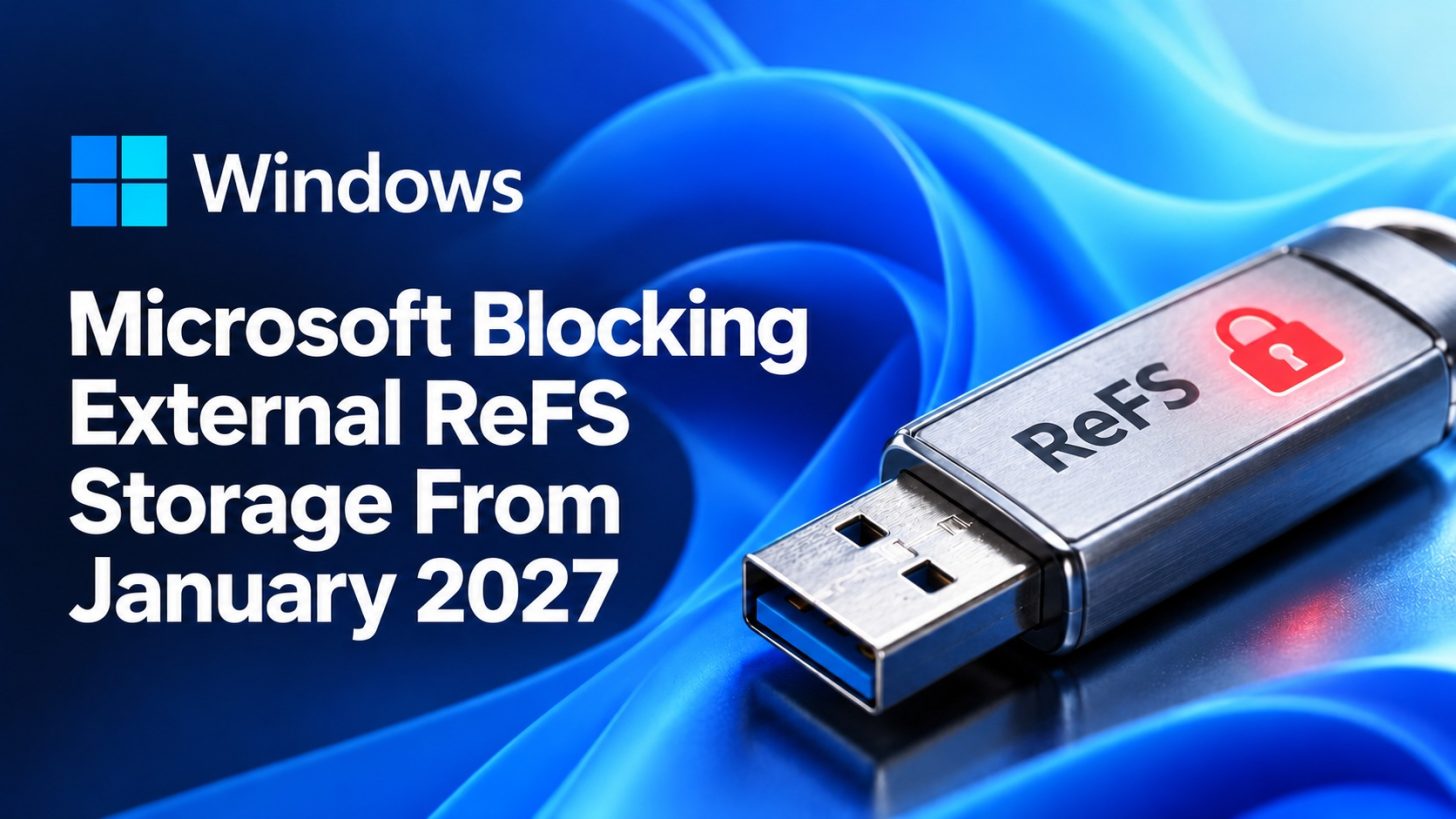 تصویر گرافیکی Windows با یک حافظهی USB قفلشده و این پیام که Microsoft از ژانویهی ۲۰۲۷ استفاده از ReFS را روی حافظههای خارجی مسدود میکند.