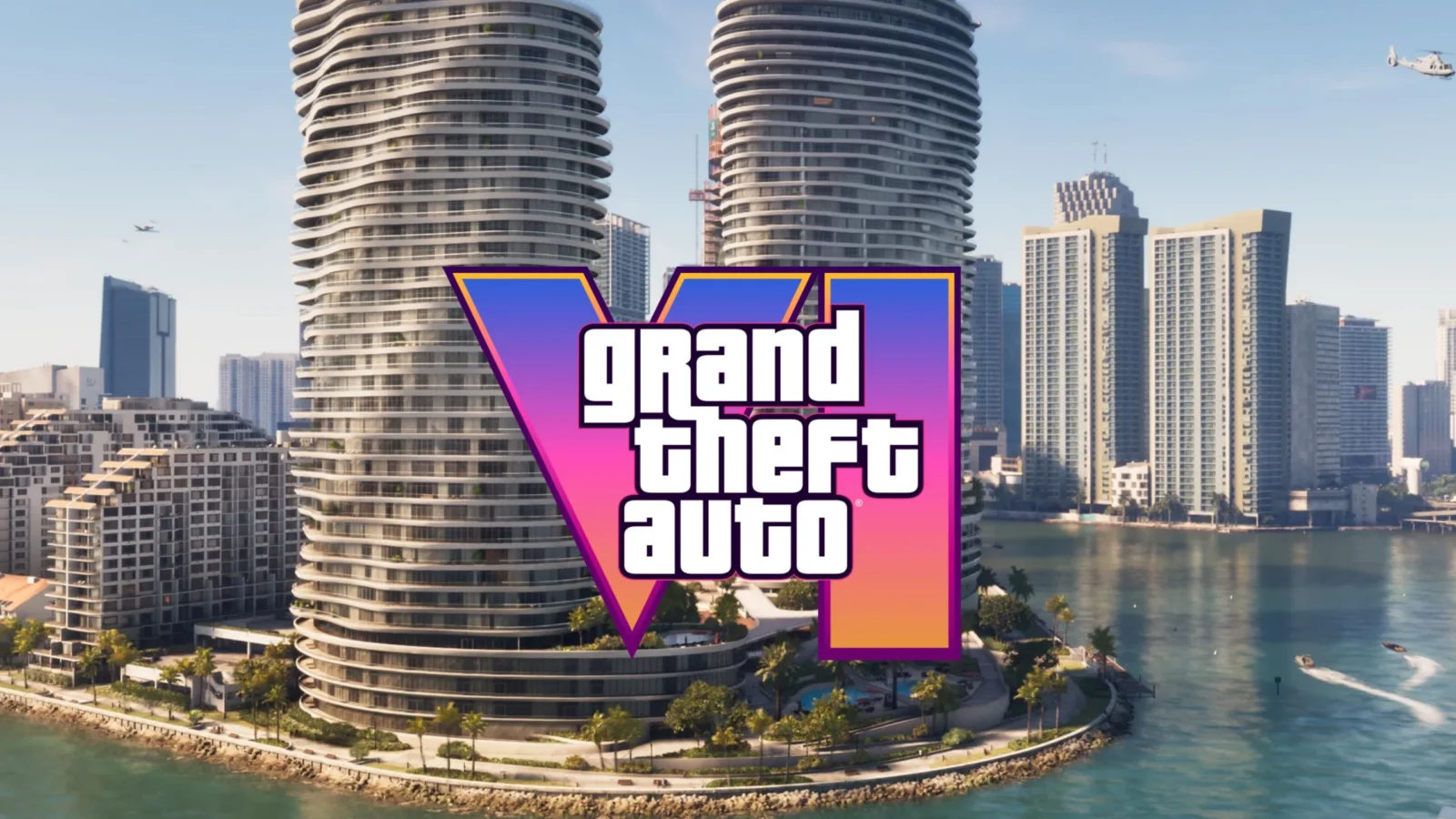 لوگوی رنگارنگ Grand Theft Auto VI روی نمایی از ساختمان‌های ساحلی و برج‌های بلند کنار آب، با قایق‌هایی در پیش‌زمینه.