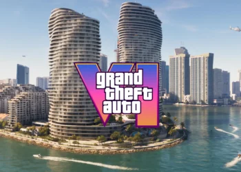 لوگوی رنگارنگ Grand Theft Auto VI روی نمایی از ساختمان‌های ساحلی و برج‌های بلند کنار آب، با قایق‌هایی در پیش‌زمینه.