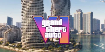 لوگوی رنگارنگ Grand Theft Auto VI روی نمایی از ساختمانهای ساحلی و برجهای بلند کنار آب، با قایقهایی در پیشزمینه.