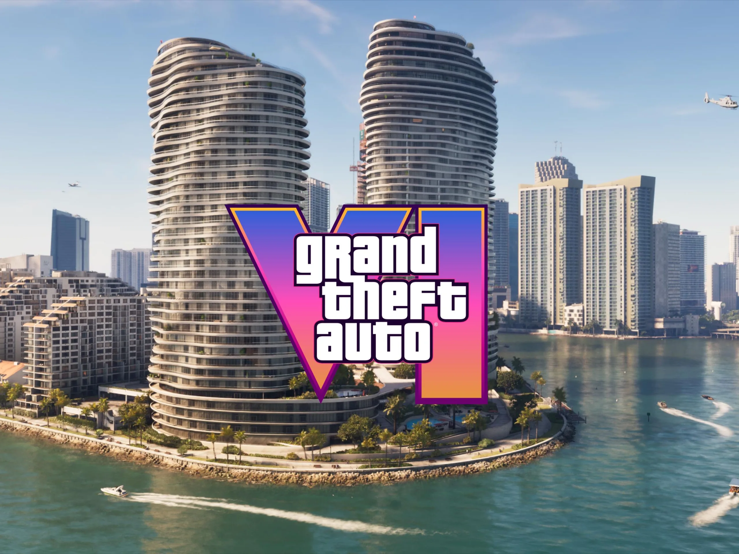 لوگوی رنگارنگ Grand Theft Auto VI روی نمایی از ساختمانهای ساحلی و برجهای بلند کنار آب، با قایقهایی در پیشزمینه.