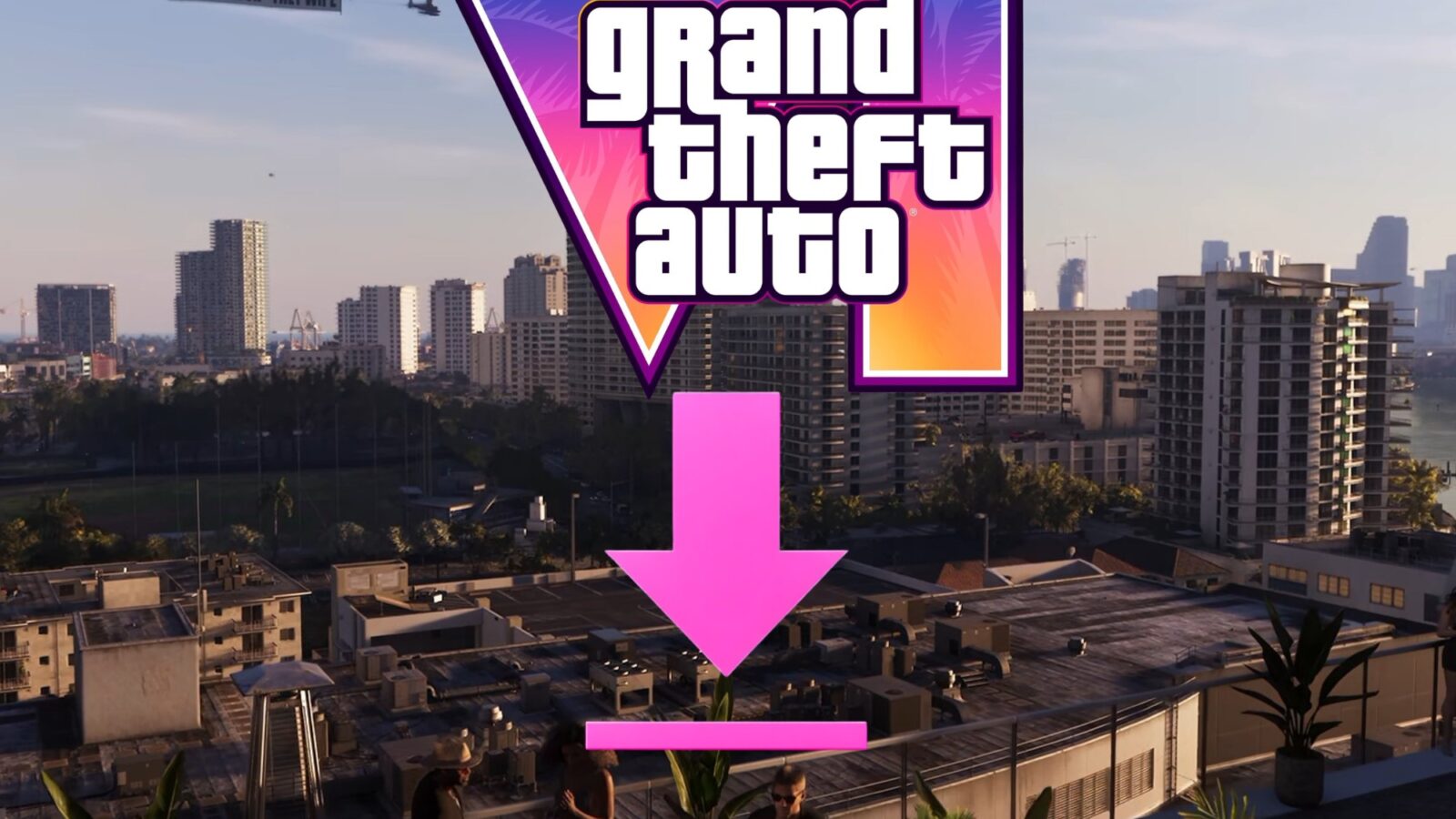لوگوی بازی Grand Theft Auto VI بر فراز نمای یک شهر ساحلی؛ روی تصویر یک فلش بزرگ صورتیرنگ و یک نوار پیشرفت دانلود قرار گرفته که نشاندهنده یک لینک دانلود غیررسمی یا فریبنده است.