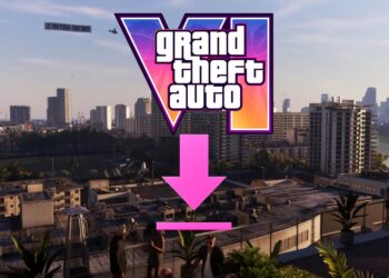 لوگوی بازی Grand Theft Auto VI بر فراز نمای یک شهر ساحلی؛ روی تصویر یک فلش بزرگ صورتی‌رنگ و یک نوار پیشرفت دانلود قرار گرفته که نشان‌دهنده یک لینک دانلود غیررسمی یا فریبنده است.