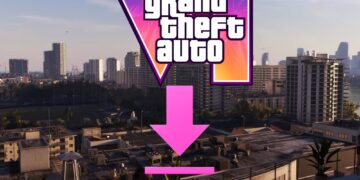 لوگوی بازی Grand Theft Auto VI بر فراز نمای یک شهر ساحلی؛ روی تصویر یک فلش بزرگ صورتی‌رنگ و یک نوار پیشرفت دانلود قرار گرفته که نشان‌دهنده یک لینک دانلود غیررسمی یا فریبنده است.