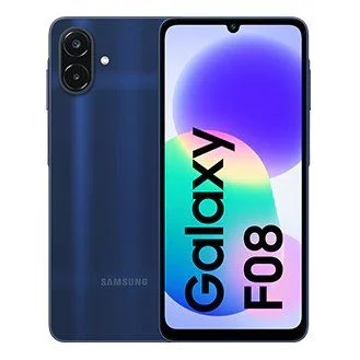 تصویر گوشی هوشمند سامسونگ Galaxy F08 با بدنه آبی تیره در کنار نمایشگر روشن آن که نام گوشی با فونت درشت روی پسزمینه رنگارنگ نمایش داده شده است.