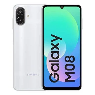 تصویر گوشی هوشمند سامسونگ Galaxy M08 با بدنه سفید در کنار نمایشگر روشن آن که نام گوشی با فونت درشت روی پسزمینه گرادینت سبز و آبی نمایش داده شده است.
