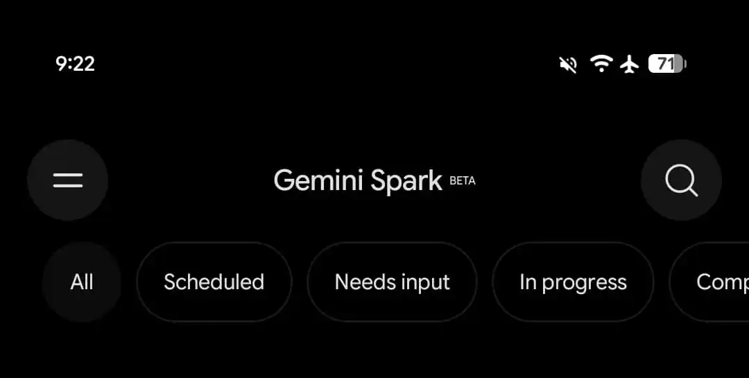صفحه اصلی بخش Gemini Spark نسخه بتا با تبهای دستهبندی شامل همه، زمانبندیشده، نیازمند ورودی، در حال انجام و تکمیلشده.