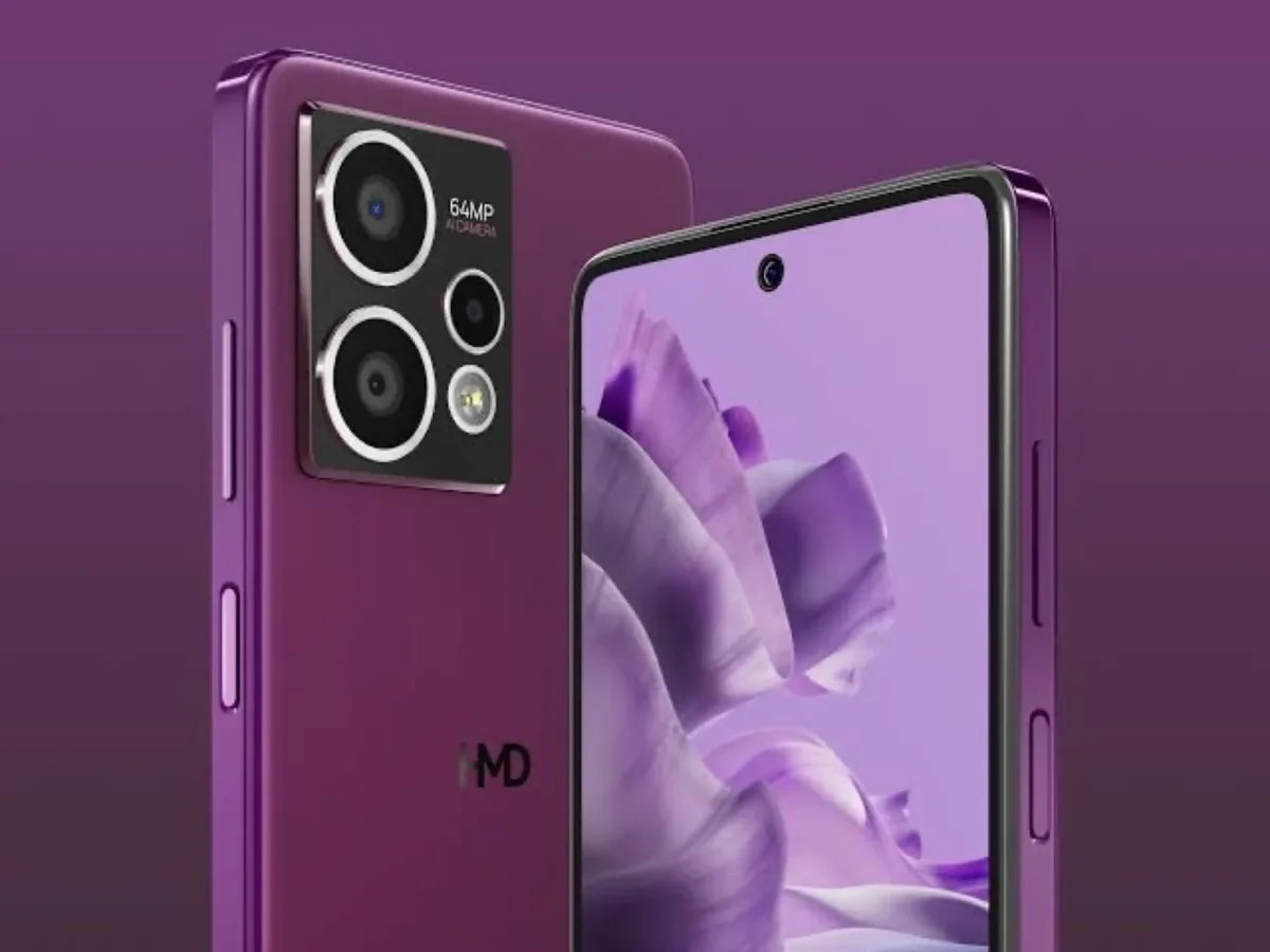 نمای جلو و پشت گوشی بنفش HMD Crest Max؛ نمایشگر آن تصویر پسزمینهای گلمانند دارد و ماژول دوربین پشت گوشی شامل دو دوربین بزرگ و دوربینهای کوچکتر است.