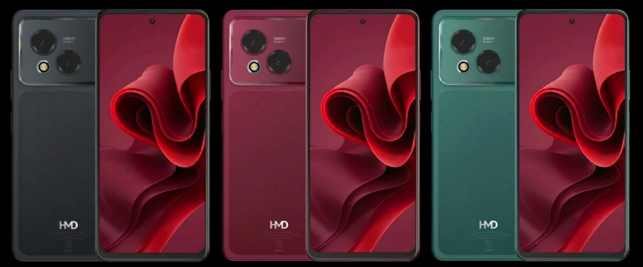 سهگانه گوشیهای هوشمند HMD در رنگهای مشکی، قرمز تیره و سبز تیره همراه با بدنهی بافتدار و دوربین دوگانه.