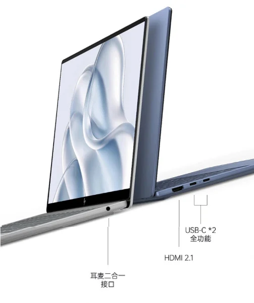 نمای جانبی لپ‌تاپ HP Starbook Air 14 با نمایش پورت‌های USB-C، HDMI 2.1 و جک هدفون با برچسب‌های توضیحی.