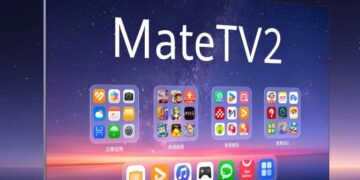 تلویزیون هوشمند هواوی مدل MateTV 2 که بر روی صفحه نمایش آن نام محصول به همراه آیکونهای دستهبندیشده برنامهها، بازیها و سرگرمی بر روی والپیپری از آسمان شب دیده میشود.