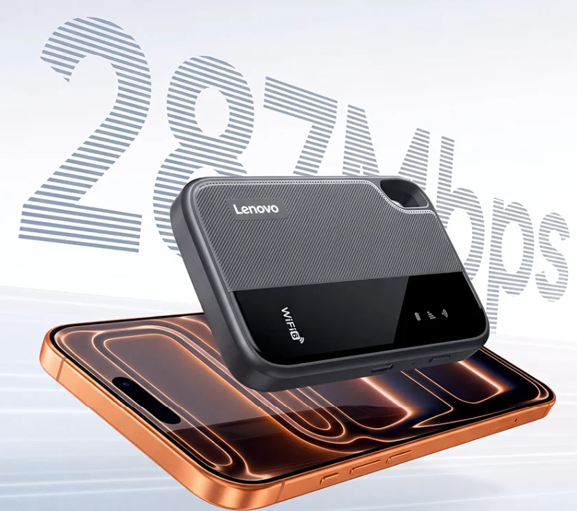 مودم همراه جیبی لنوو با بدنهی مشکی و خاکستری بافتدار و لوگوی Lenovo و WiFi 6، بهصورت معلق بالای یک گوشی هوشمند با فریم برنزی قرار گرفته و عدد بزرگ ۲۸۷ مگابیت بر ثانیه در پسزمینه دیده میشود.