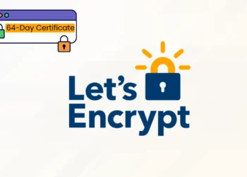 بنر کاهش اعتبار گواهی Let’s Encrypt به ۶۴ روز: تصویر گرافیکی با لوگوی رسمی Let’s Encrypt که یک قفل آبی با شعاع‌های نور خورشید روی آن نقش بسته است. در گوشه بالا سمت چپ، پنجره مرورگری با برچسب زرد‌رنگ «64-Day Certificate» و دو نماد قفل سبز و نارنجی ترسیم شده که نشان‌دهنده تغییر دوره اعتبار گواهی‌های TLS به ۶۴ روز است.