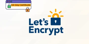 بنر کاهش اعتبار گواهی Let’s Encrypt به ۶۴ روز: تصویر گرافیکی با لوگوی رسمی Let’s Encrypt که یک قفل آبی با شعاع‌های نور خورشید روی آن نقش بسته است. در گوشه بالا سمت چپ، پنجره مرورگری با برچسب زرد‌رنگ «64-Day Certificate» و دو نماد قفل سبز و نارنجی ترسیم شده که نشان‌دهنده تغییر دوره اعتبار گواهی‌های TLS به ۶۴ روز است.