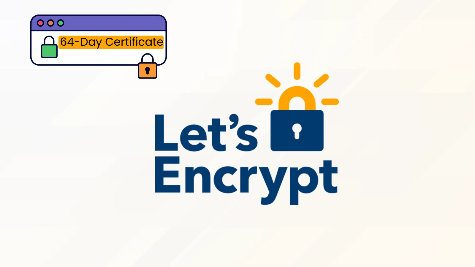 بنر کاهش اعتبار گواهی Let’s Encrypt به ۶۴ روز: تصویر گرافیکی با لوگوی رسمی Let’s Encrypt که یک قفل آبی با شعاعهای نور خورشید روی آن نقش بسته است. در گوشه بالا سمت چپ، پنجره مرورگری با برچسب زردرنگ «64-Day Certificate» و دو نماد قفل سبز و نارنجی ترسیم شده که نشاندهنده تغییر دوره اعتبار گواهیهای TLS به ۶۴ روز است.