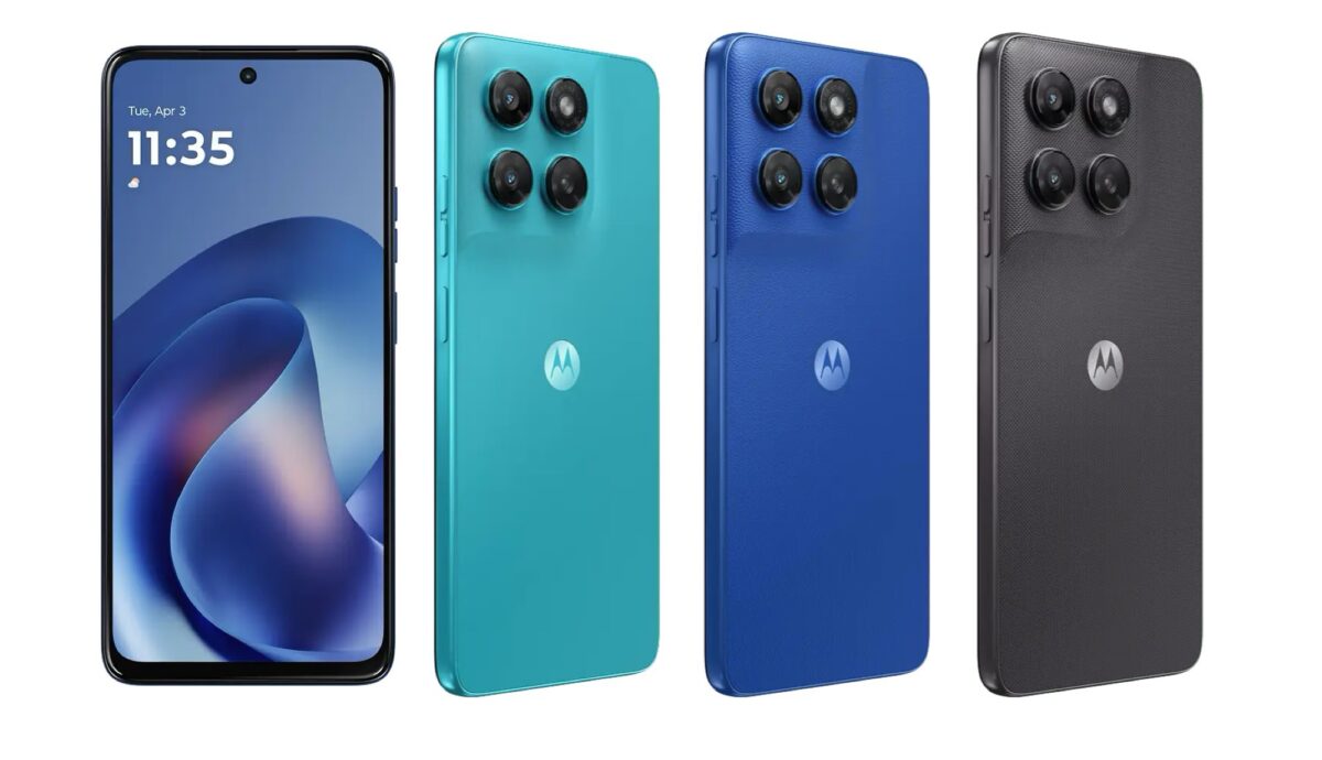 چهار گوشی موتورولا Moto G47 Power در رنگ‌های فیروزه‌ای، سبز، آبی و مشکی با دوربین چهارگانه و لوگوی موتورولا.