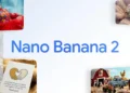 تصویر تبلیغاتی مدل Nano Banana 2 با متن آبی رنگ در مرکز پس‌زمینه‌ی سفید، که در اطراف آن چند تصویر نمونه‌ی تولیدشده با هوش مصنوعی دیده می‌شود؛ از جمله زنی با پیراهن قرمز گلدار، حشره‌ای روی گل، کارت تشکر با نقاشی دستان قلب‌شکل، و صحنه‌ی مزرعه با حیوانات کارتونی و تراکتور