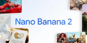 تصویر تبلیغاتی مدل Nano Banana 2 با متن آبی رنگ در مرکز پسزمینهی سفید، که در اطراف آن چند تصویر نمونهی تولیدشده با هوش مصنوعی دیده میشود؛ از جمله زنی با پیراهن قرمز گلدار، حشرهای روی گل، کارت تشکر با نقاشی دستان قلبشکل، و صحنهی مزرعه با حیوانات کارتونی و تراکتور