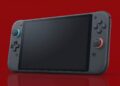 رندر مفهومی از یک کنسول Nintendo Switch تکتکه با بدنه مشکی و آنالوگهای فیروزهای و قرمز روی پسزمینه قرمز.