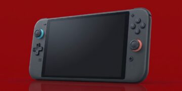 رندر مفهومی از یک کنسول Nintendo Switch تکتکه با بدنه مشکی و آنالوگهای فیروزهای و قرمز روی پسزمینه قرمز.