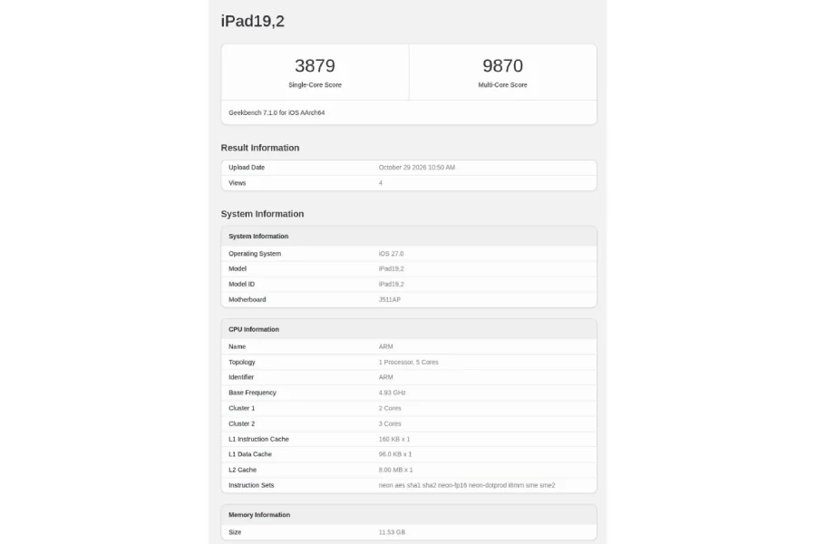 تصویر نتایج بنچمارک Geekbench برای دستگاهی با شناسه iPad19,2؛ امتیاز تکهستهای ۳۷۹ و چندهستهای ۹۸۷۰ در صفحه دیده میشود