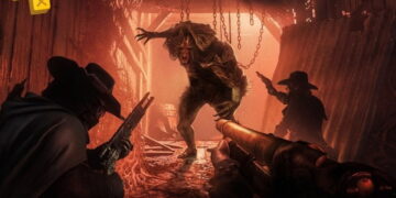 تصویر گرافیکی از بازی Hunt Showdown 1896 به همراه نشان پلیاستیشن پلاس در گوشه سمت چپ، که هیولایی عظيم را در غاری با نورپردازی قرمز و دو شکارچی با سلاحهای گرم در مقابل آن نشان میدهد.