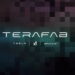 عنوان متنی Terafab با فونت سفید و مینیمال روی پس‌زمینه‌ی شطرنجی پیکسلی تیره و لوگوهای تسلا، xAI و SpaceX در بخش پایینی