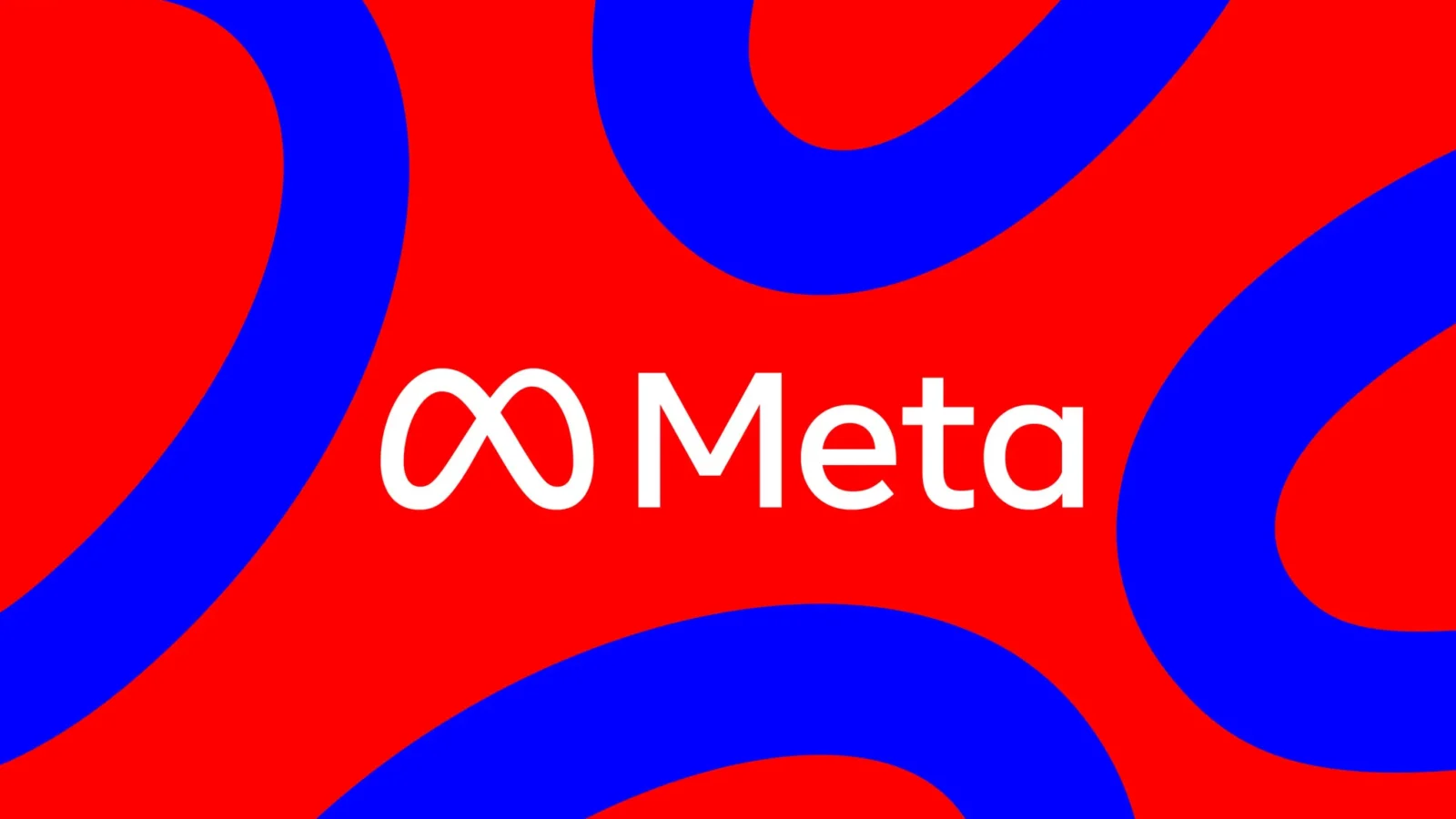 لوگوی سفید شرکت Meta، شامل علامت بی‌نهایت و واژه Meta، در مرکز یک پس‌زمینه قرمز پررنگ با نوارهای منحنی آبی که به شکل چرخان از چهار گوشه تصویر به سمت مرکز حرکت می‌کنند