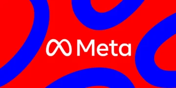 لوگوی سفید شرکت Meta، شامل علامت بینهایت و واژه Meta، در مرکز یک پسزمینه قرمز پررنگ با نوارهای منحنی آبی که به شکل چرخان از چهار گوشه تصویر به سمت مرکز حرکت میکنند