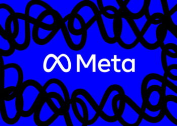 لوگوی سفید Meta در مرکز پس‌زمینه آبی روشن، با نقش‌های سیاه درهم‌تنیده در حاشیه‌ها.