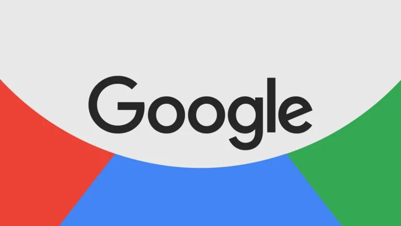 لوگوی مشکیرنگ Google در مرکز کادری بیضی با پسزمینه سهرنگ قرمز، آبی و سبز.