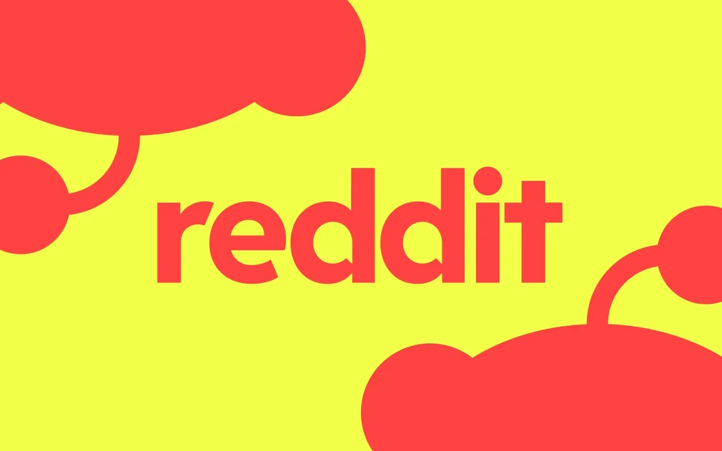 نوشته قرمزرنگ reddit در مرکز پس‌زمینه‌ای به رنگ زرد روشن همراه با طرح‌های گرافیکی انتزاعی از لوگوی ردیت در گوشه‌ها.