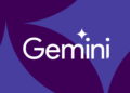 لوگوی سفید Gemini روی پس‌زمینه‌ای انتزاعی با ترکیب رنگ‌های بنفش تیره و آبی.