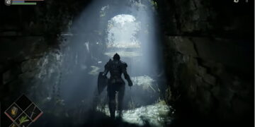 اسکرین‌شات گیم‌پلی ریمیک بازی Demon’s Souls با شبیه‌ساز روی پی‌سی با کارت گرافیک RTX 5090 و پردازنده i9-14900K، در حال هدایت شخصیت زره‌پوش از تونلی تاریک و سنگی به‌سمت خروجی پرنور.