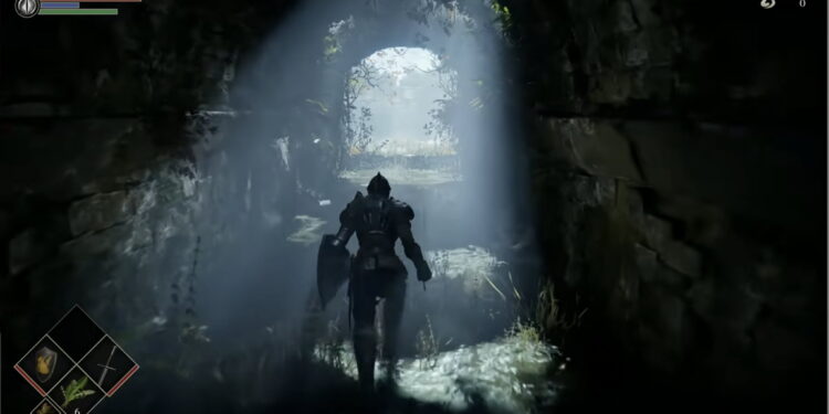 اسکرینشات گیمپلی ریمیک بازی Demon’s Souls با شبیهساز روی پیسی با کارت گرافیک RTX 5090 و پردازنده i9-14900K، در حال هدایت شخصیت زرهپوش از تونلی تاریک و سنگی بهسمت خروجی پرنور.