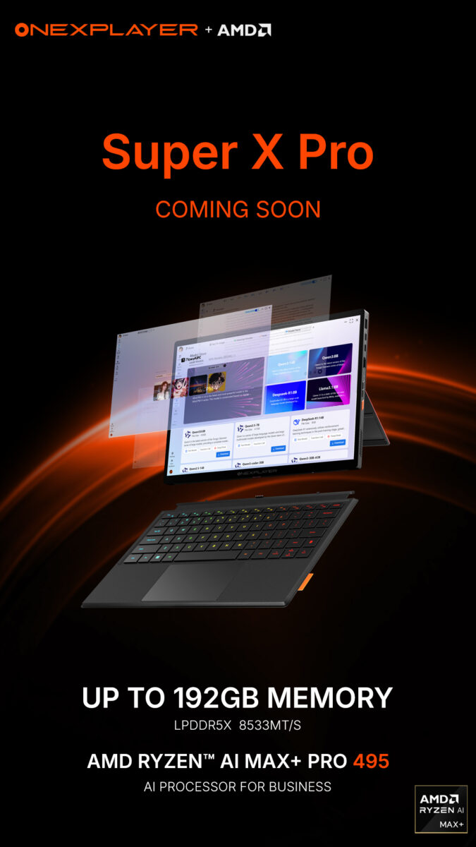 پوستر معرفی Onexplayer Super X Pro با همکاری AMD که مشخصاتی مانند حافظه تا ۱۹۲ گیگابایت LPDDR5X و پردازنده AMD Ryzen AI Max+ Pro 495 را نشان میدهد