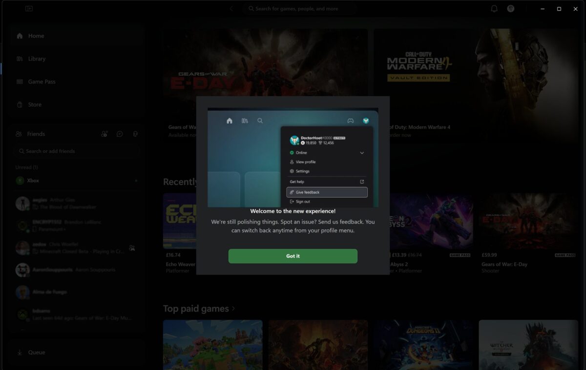 پنجرهی پاپآپ خوشآمدگویی در اپلیکیشن Xbox با عنوان Welcome to the new experience! که پیامی دربارهی ارسال بازخورد و امکان بازگشت به رابط قبلی از منوی پروفایل را نشان میدهد؛ پیشنمایشی از منوی پروفایل کاربر با گزینههای View profile، Settings و Sign out دیده میشود و در پایین، دکمهی سبز Got it قرار دارد.