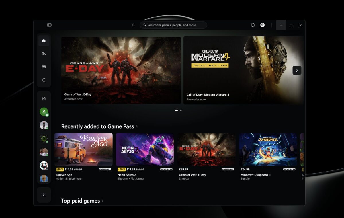 صفحهی فروشگاه اپلیکیشن Xbox؛ در بخش بنر بالایی، بازی Gears of War: E-Day با توضیح Available now و Call of Duty: Modern Warfare 4 با نوار Vault Edition و عبارت Pre-order now دیده میشود، و در بخش Recently added to Game Pass کارتهای بازیهای Forever Ago، Neon Abyss 2، Gears of War: E-Day و Minecraft Dungeons II همراه با قیمت و برچسب Game Pass قرار دارند.