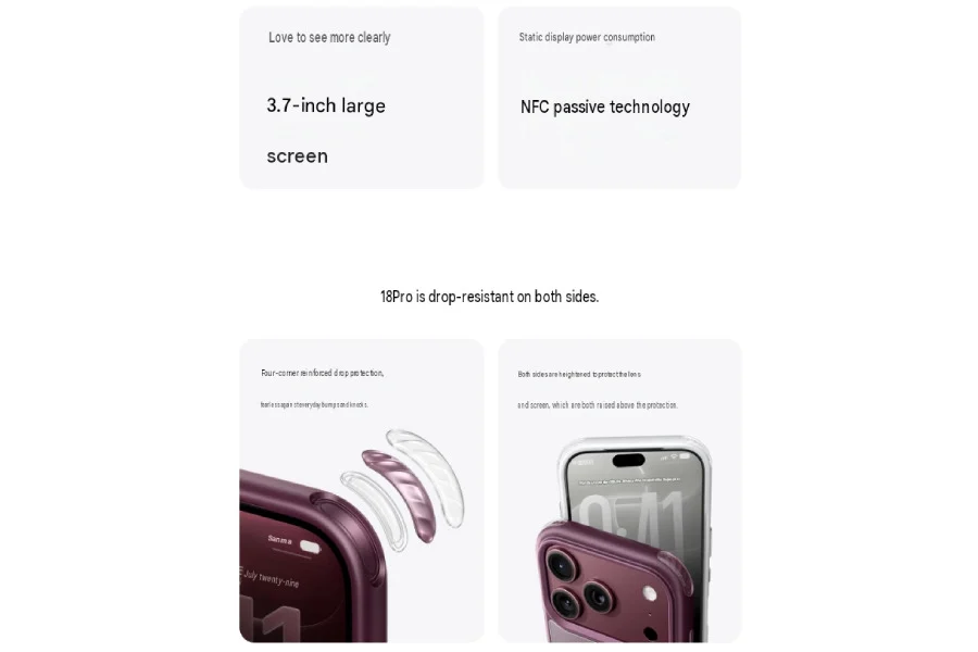 اینفوگرافیک معرفی ویژگیهای قاب محافظ شامل صفحه نمایش ۳.۷ اینچی، فناوری پسیو NFC بدون مصرف باتری و طراحی لایهای مقاوم در برابر ضربه و سقوط برای محافظت از لبهها و دوربین گوشی.