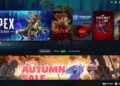 نمای منوی استیم در حالت Big Picture شامل فهرست بازی‌های محبوبی مثل Apex Legends، Gears of War: E-Day و Spider-Man 2 به همراه بنر ویژه فروش پاییزی استیم (Steam Autumn Sale)